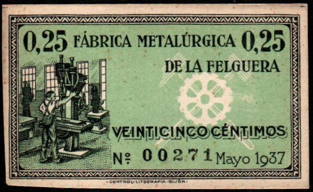 Felguera, La, Asturias. Fábrica Metalúrgica. Mayo de 1937. 25 céntimos. Sin seri...