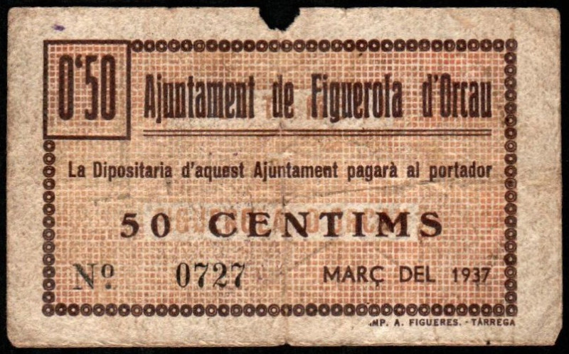 Figuerola d’Orcau, Lleida. Ayuntamiento. Marzo de 1937. 50 céntimos. Sin serie. ...