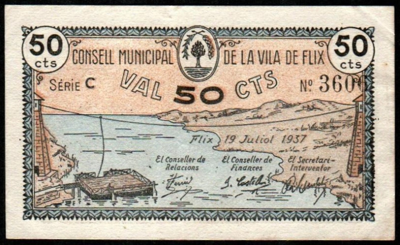 Flix, Tarragona. Consejo Municipal. 19 de julio de 1937. 50 céntimos. 3ª emisión...
