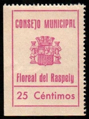 Floreal del Raspeig, Alicante. Consejo Municipal. 25 céntimos. G y M no citan. E...