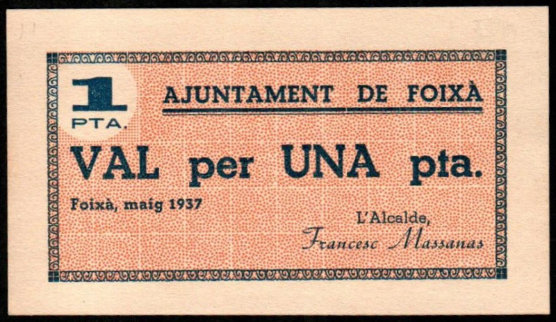 Foixà, Girona. Ayuntamiento. Mayo de 1937. 1 peseta. 1ª emisión. Sin serie. G243...
