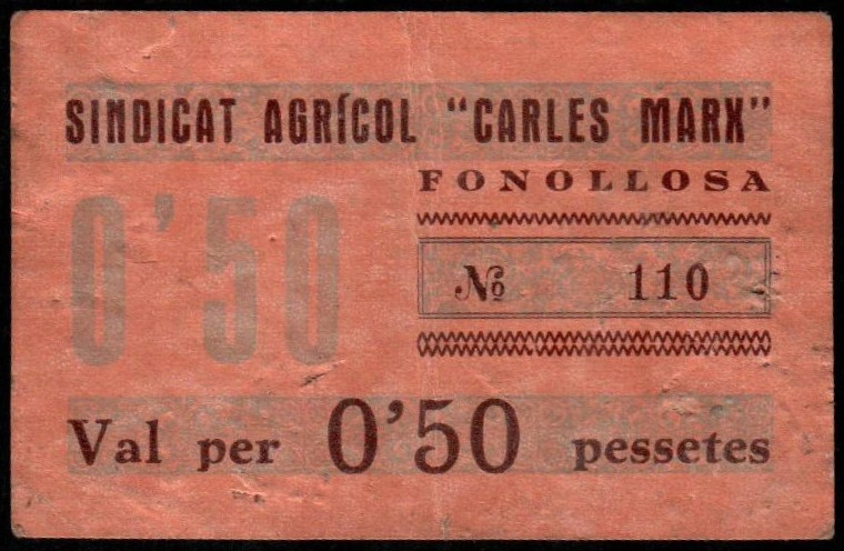 Fonollosa, Barcelona. Sindicato Agrícola. 50 céntimos. Sin serie. Numeración baj...