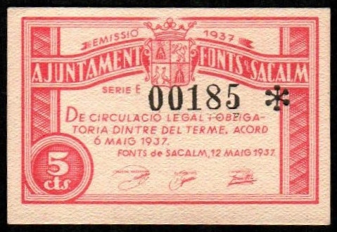 Fonts de Sacalm, Girona. Ayuntamiento. 12 de mayo de 1937. 5 céntimos. Serie E. ...