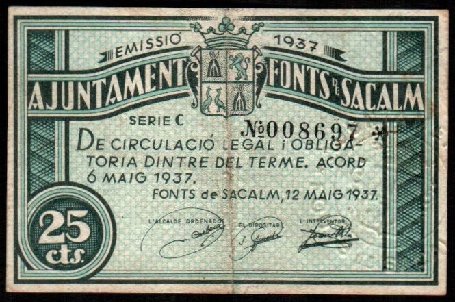 Fonts de Sacalm, Girona. Ayuntmaiento. 12 de mayo de 1937. 25 céntimos. Serie C....