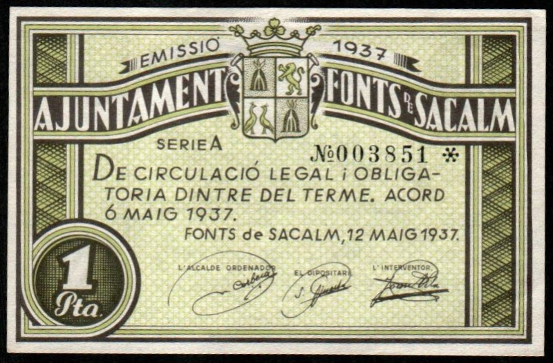 Fonts de Sacalm, Girona. Ayuntamiento. 12 de mayo de 1937. 1 peseta. Serie A. G2...