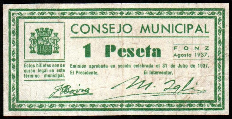 Fonz, Huesca. Consejo Municipal. 31 de julio de 1937. 1 peseta. Sin serie. G357;...