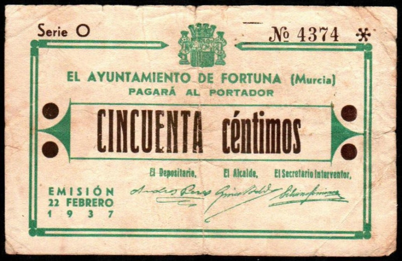 Fortuna, Murcia. Ayuntamiento. 22 de febrero de 1937. 50 céntimos. Serie O. G361...