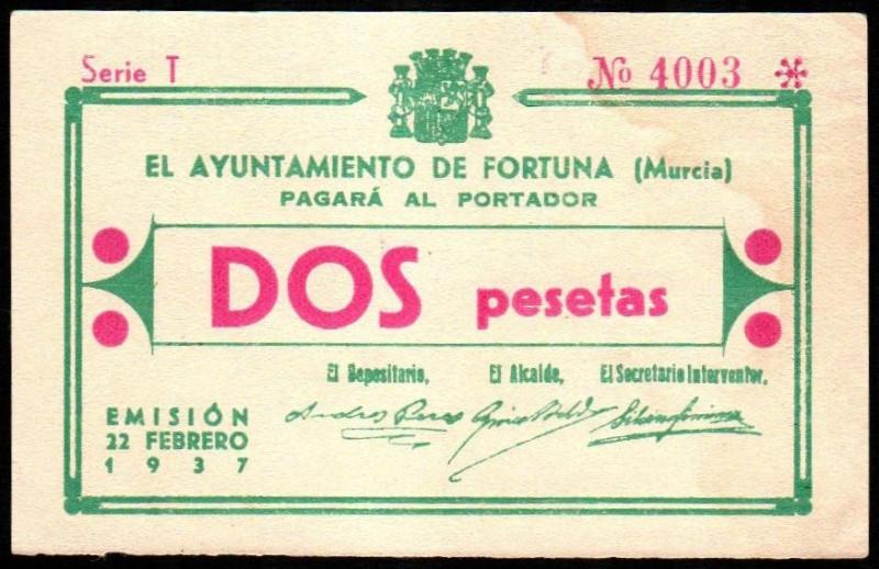 Fortuna, Murcia. Ayuntamiento. 22 de febrero de 1937. 2 pesetas. Serie T. G361; ...