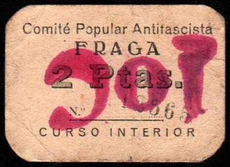Fraga, Huesca. Comité Popular Antifascista. 2 pesetas. 1ª emisión. Sin serie. Nu...