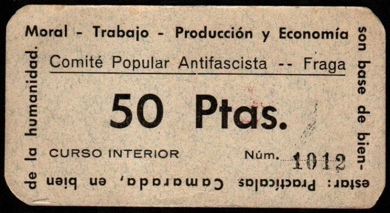 Fraga, Huesca. Comité Popular Antifascista. 50 pesetas. 4ª emisión. Sin serie. M...