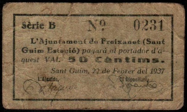 Freixanet, Tarragona. Ayuntamiento. 22 de febrero de 1937. 50 céntimos. Serie B....