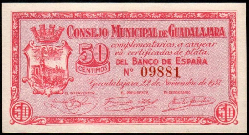 Guadalajara. Consejo Municipal. 22 de noviembre de 1937. 50 céntimos. Sin serie....