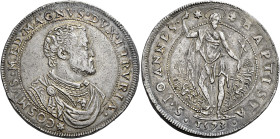 Firenze. III periodo: granduca di Toscana, 1569-1574 Piastra 1573, AR 32,62 g. COSMVS MED MAGNVS DVX ETRVRIÆ Busto corazzato a d. Rv. S IOANNES – BAPT...