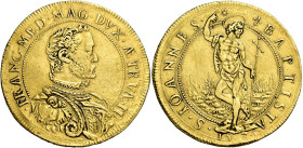 Firenze. Francesco I de’Medici granduca II, 1574-1587 Piastra da 10 scudi 1575, AV 33,87 g. FRANC MED MAG ÆTRVRIÆ DVX II Busto corazzato a d. Rv. S IO...