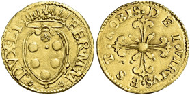 Firenze. II periodo: granduca, 1588-1609 Quarto di doppia, AV 1,66 g. FER M M -- DVX ET Stemma coronato. Rv. VIRTVS EST NOBIS DEI Croce ornata. CNI 25...