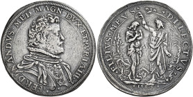 Firenze. II periodo: granduca, 1588-1609 Piastra 1589, AR 31,86 g. FERDINANDVS MED MAGN DVX ETRVRIÆ III Busto corazzato a d. Rv. FILIVS MEVS – DILECTV...