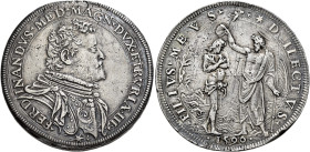 Firenze. II periodo: granduca, 1588-1609 Piastra 1590, AR 32,49 g. FERDINANDVS MED MAGN DVX ETRVRIÆ III Busto corazzato a d. Rv. FILIVS MEVS – D – ILE...