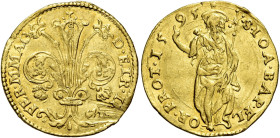 Firenze. II periodo: granduca, 1588-1609 Ducato gigliato 1595, AV 3,43 g. FER M MAG -- D ETR III Giglio. Rv. S IOA BAP FL – OR PROT 15 -- 95 S. Giovan...