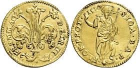 Firenze. II periodo: granduca, 1588-1609 Ducato gigliato 1596, AV 3,44 g. FER M MAG -- D ETR III Giglio. Rv. S IOA BAP – FLOR PROT -- 1596 S. Giovanni...