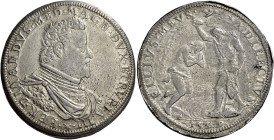 Firenze. II periodo: granduca, 1588-1609 Piastra 1599, AR 31,93 g. FERDINANDVS MED MAGN DVX ETRVRIÆ III Busto corazzato a d. Rv. FILIVS MEVS – DILECTV...