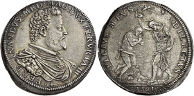 Firenze. II periodo: granduca, 1588-1609 Piastra 1601, AR 32,18 g. FERDINANDVS MED MAGN DVX ETRVRIÆ III Busto corazzato a d. Rv. FILIVS MEVS – DILECTV...