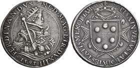 Firenze. II periodo: granduca, 1588-1609 Pisa. Tallero 1595, AR 23,35 g. FERDINANDVS MED MAG ETR DVX III Busto radiato e corazzato a d., con scettro n...