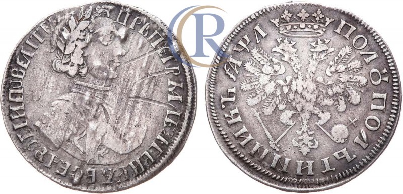 Russia. Полуполтинник 1704 года. . Серебро, 6,92г. Красный монетный двор. Реверс...