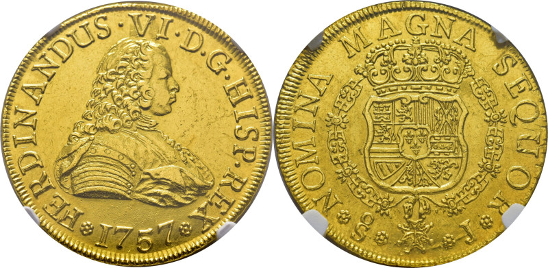 FERNANDO VI. 8 escudos. Santiago. 1757. J. El ordinal del rey corregido sobre VI...
