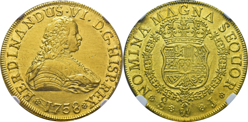 FERNANDO VI. 8 escudos. Santiago. 1758. J. Flores ornamentales de seis pétalos (...