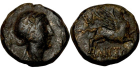 Caria, Bargylia (2-1 BC) Obv: Veiled head of Artemis Kindyas right; all within wreath. Rev: Pegasos flying right.

14mm 5,91g