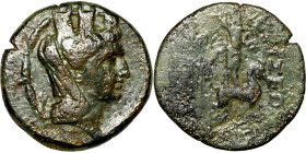 Pseudoautonomous. Antioch Bronze coins. Obverse: Head of tyche. Reverse: Zeus seated l., holding Nike and sceptre; date in exergue on thunderbolt

2...