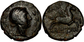 Caria, Bargylia (2-1 BC) Obv: Veiled head of Artemis Kindyas right; all within wreath. Rev: Pegasos flying right.

17mm 5,31g