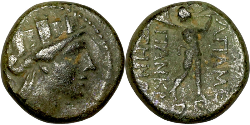 Phrygia: Apamea (133-48 BC) Bronze coin. Obverse: Head of Tyche. Reverse: Marsya...