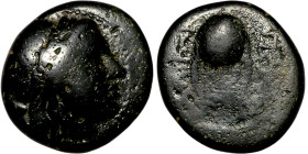 SELEUKID KINGS of SYRIA. Antiochos VII (138-129 BC). AE bronze. Obv.: bust of winged Eros right. Rev.: BAΣIΛEΩΣ ANTIOXOY EYEPΓETOY, headdress of Isis...