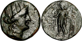 Phrygia: Apamea (133-48 BC) Bronze coin. Obverse: Head of Tyche. Reverse: Marsyas walking right on Maeander pattern, playing double flute

18mm 5,19...