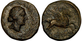 Caria, Bargylia (2-1 BC) Obv: Veiled head of Artemis Kindyas right; all within wreath. Rev: Pegasos flying right.

17mm 5,57g