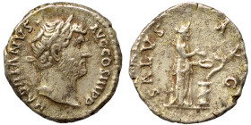 Hadrian, 117-138. Denarius (silver, 3.16 g, 17 mm), Rome. HADRIANVS AVG COS III P P Bare head right. Rev. SALVS AVG Salus standing right, holding pate...