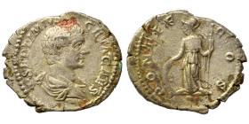 Geta, as Caesar, 198-209. Denarius (silver, 2.72 g, 20 mm), Rome. P SEPTIMIVS GETA CAES Bare-headed and draped bust right. Rev. PONTIF COS Minerva sta...