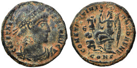 Constantine I, 307/310-337. Follis (bronze, 2.88 g, 19 mm), Constantinople. CONSTANTINVS MAX AVG Rosette diademed, draped and cuirassed bust right. Re...