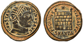 Constantine I, 307/310-337. Follis (bronze, 3.83 g, 20 mm), Antioch. CONSTANTINVS AVG Laureate head right. Rev. PROVIDENTIAE AVGG Camp gate with no do...