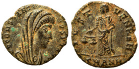 Divus Constantine I, died 337. Follis (bronze, 1.47 g, 14 mm), Antioch. D V CONSTANTINVS PT AVGG Veiled bust to right. Rev IVST VEN MEM Aequitas stand...