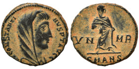 Divus Constantine I, died 337. Follis (bronze, 1.56 g, 15 mm), Antioch. D V CONSTANTINVS PT AVGG Veiled, draped and cuirassed head right. Rev. Constan...