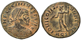 Licinius I, 308-324. Follis (bronze, 2.64 g, 20 mm), Aquileia. IMP LICINIVS P F AVG Laureate, draped and cuirassed bust to right. Rev. IOVI CONSERVATO...