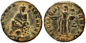 Time of Maximinus II, 310-313. Follis (bronze, 1.30 g, 15 mm), ‘Persecution’ issue, Antioch. GENIO ANTIOCHENI Tyche of Antiochia seated facing on rock...