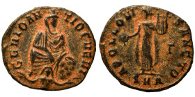 Time of Maximinus II, 310-313. Follis (bronze, 1.44 g, 15 mm), ‘Persecution’ issue, Antioch. GENIO ANTIOCHENI Tyche of Antiochia seated facing on rock...