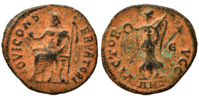 Time of Maximinus II, 310-313. Follis (bronze, 1.10 g, 15 mm), ‘Persecution’ issue, Antioch. IOVI CONSERVATORI Jupiter seated left, holding globe in h...