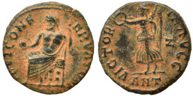 Time of Maximinus II, 310-313. Follis (bronze, 1.69 g, 14 mm), ‘Persecution’ issue, Antioch. IOVI CONSERVATORI Jupiter seated left, holding globe in h...