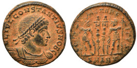 Constantine II, as Caesar, 316-337. Follis (bronze, 2.67 g, 16 mm), Antioch. CONSTANTINVS IVN NOB C Laureate and cuirassed bust of Constantine II to r...