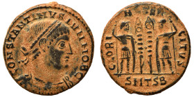 Constantine II, as Caesar, 316-337. Follis (bronze, 2.20 g, 17 mm), Thessalonica. CONSTANTINVS IVN NOB C Laureate and cuirassed bust to right. Rev. GL...