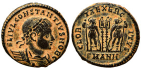 Constantius II, as Caesar, 324-337. Follis (bronze, 2.14 g, 17 mm), Antioch. FL IVL CONSTANTIVS NOB C Laureate and cuirassed bust to right. Rev. GLORI...